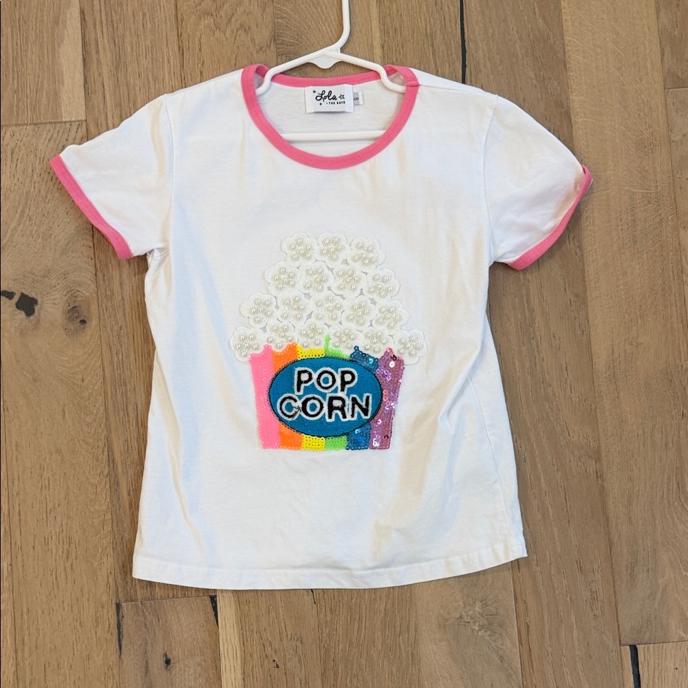 Lola + The Boys White Tee with Pink Trim and Rainbow Popcorn Sequin Patch